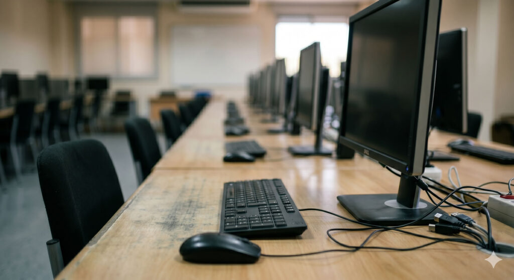 Aula de informática de una academia de formación online, vacía y repleta de ordenadores de sobremesa.